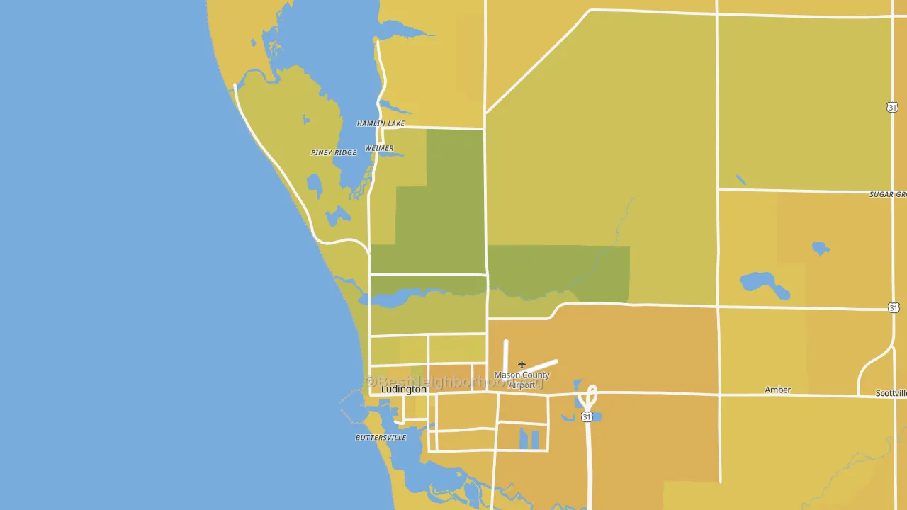 Map of the best neighborhoods in the North Epworth area, with better matches in green and worse matches in red