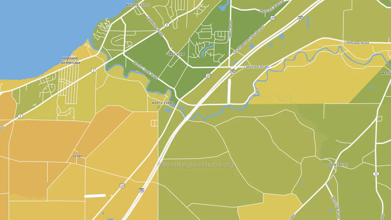 Map of the best neighborhoods in the North Evans area, with better matches in green and worse matches in red