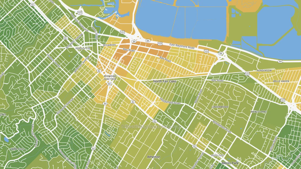 Map of the best neighborhoods in the North Fair Oaks area, with better matches in green and worse matches in red