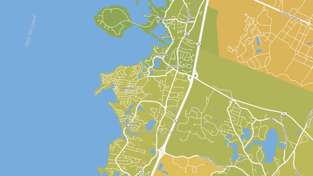 Map of the best neighborhoods in the North Falmouth area, with better matches in green and worse matches in red