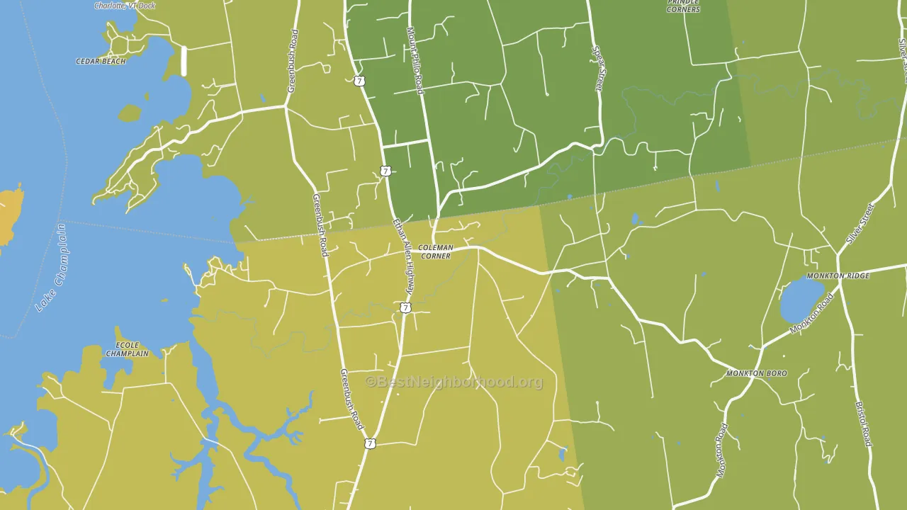 Map of the best neighborhoods in the North Ferrisburgh area, with better matches in green and worse matches in red