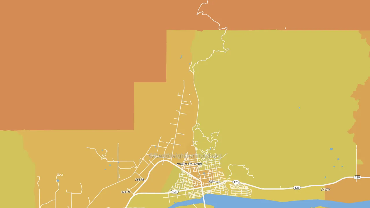 Map of the best neighborhoods in the North Fillmore area, with better matches in green and worse matches in red