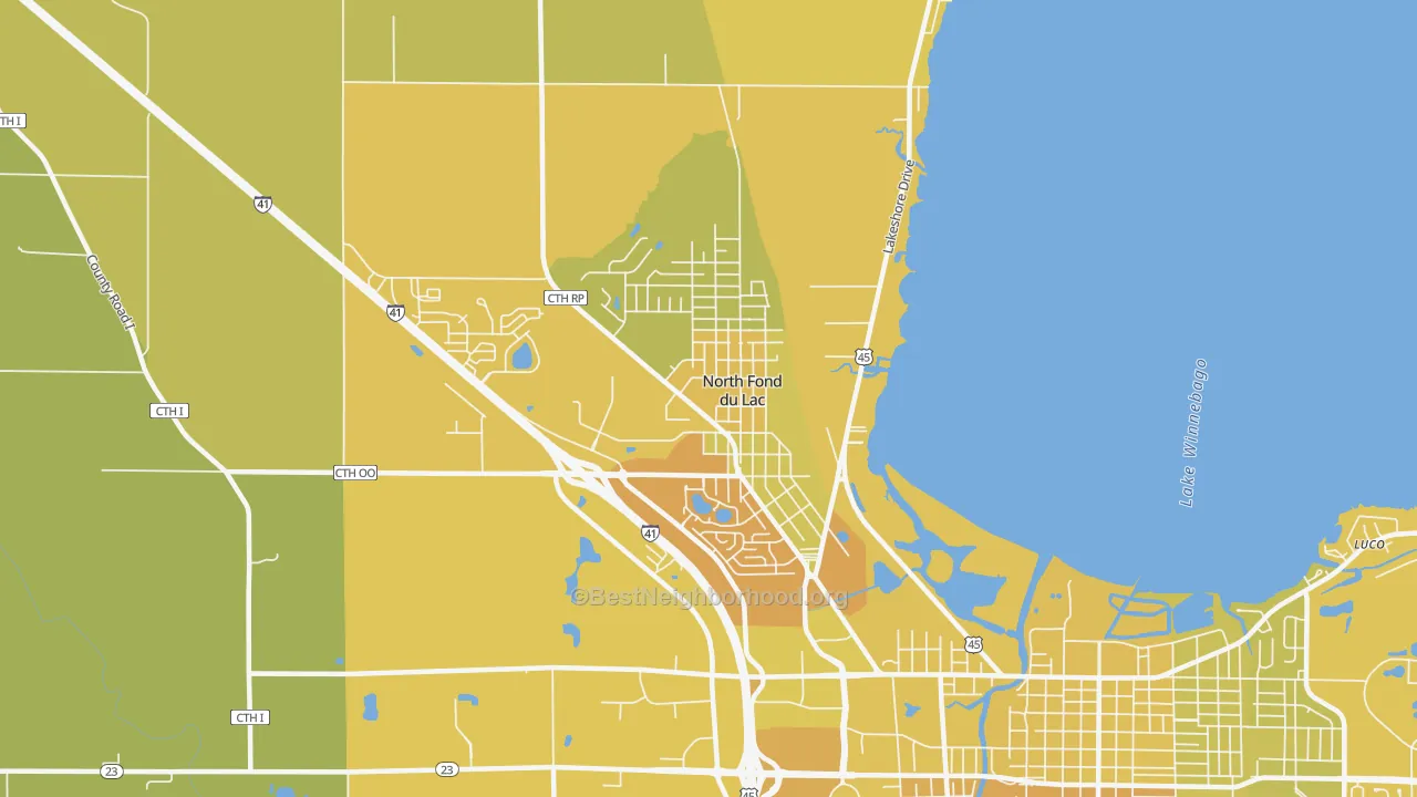 Map of the best neighborhoods in the North Fond du Lac area, with better matches in green and worse matches in red