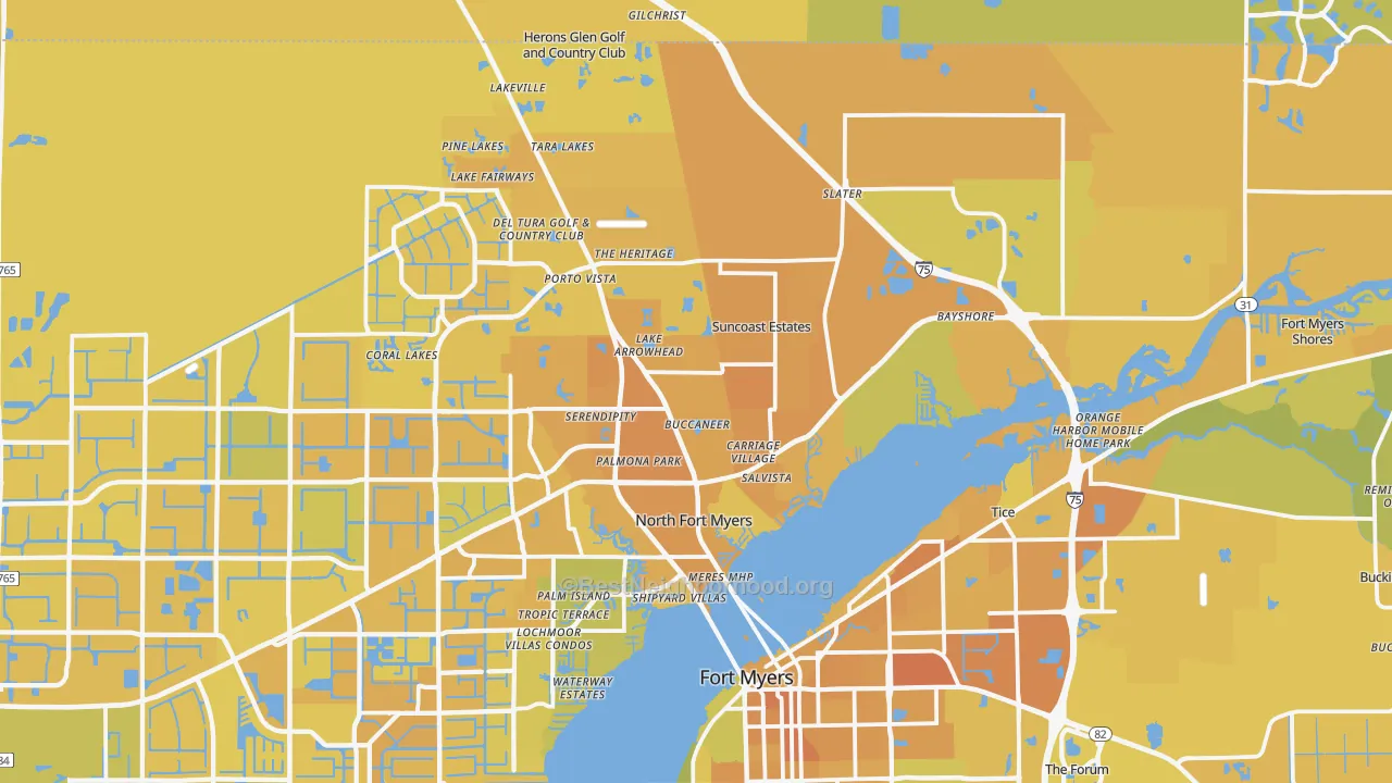 Map of the best neighborhoods in the North Fort Myers area, with better matches in green and worse matches in red