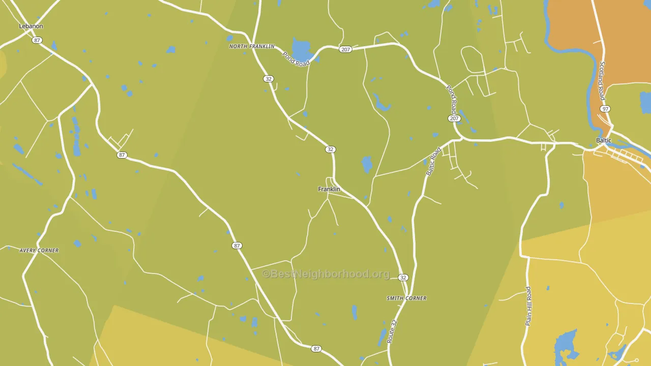Map of the best neighborhoods in the North Franklin area, with better matches in green and worse matches in red