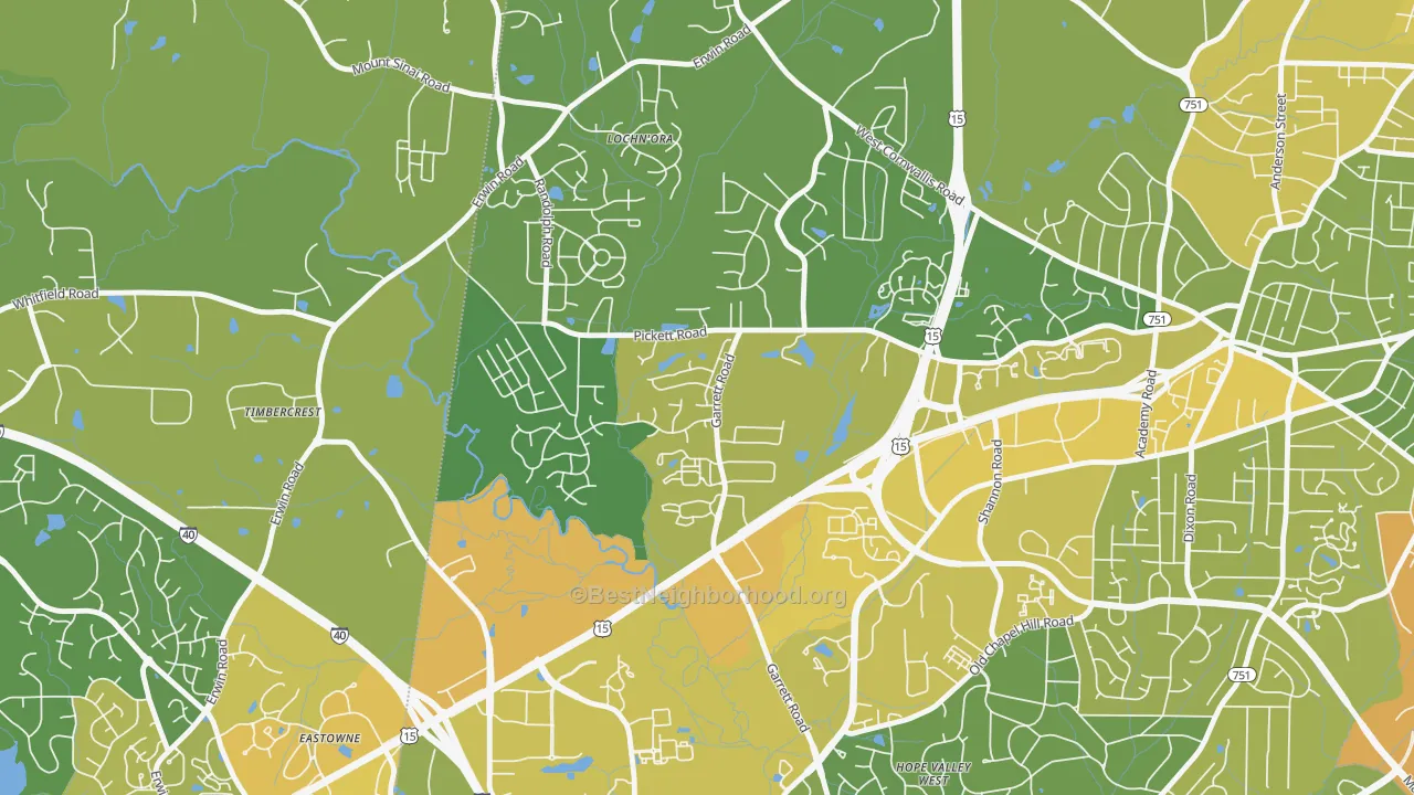 Map of the best neighborhoods in the North Garrett Road, Durham area, with better matches in green and worse matches in red