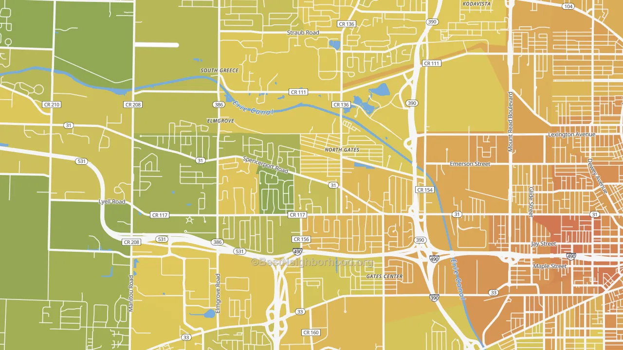 Map of the best neighborhoods in the North Gates area, with better matches in green and worse matches in red