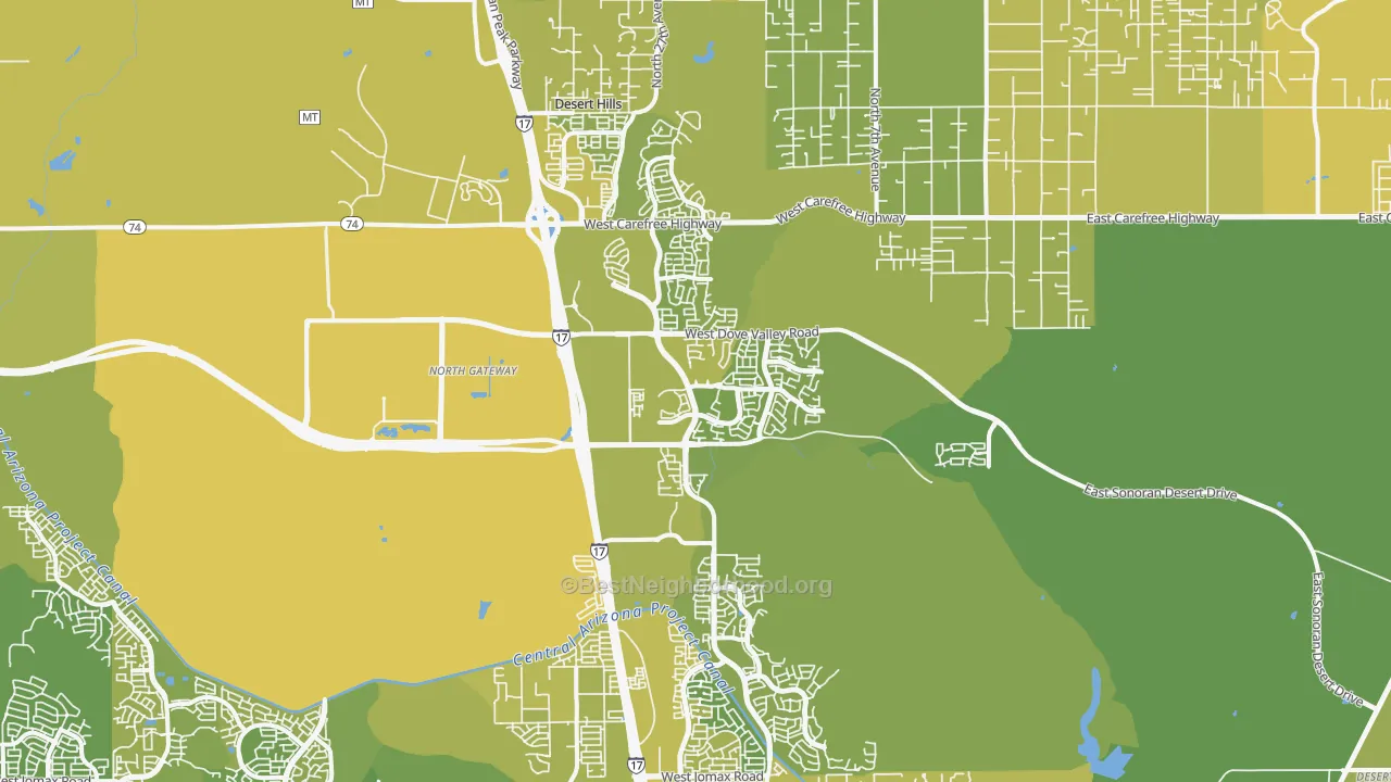 Map of the best neighborhoods in the North Gateway, Phoenix area, with better matches in green and worse matches in red