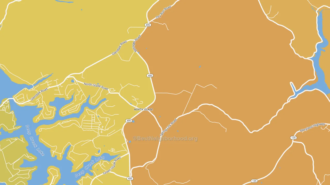 Map of the best neighborhoods in the North Glade area, with better matches in green and worse matches in red