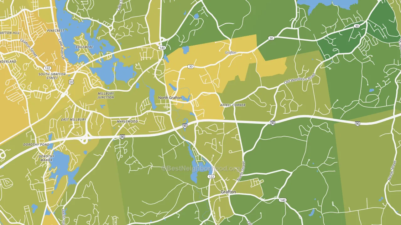 Map of the best neighborhoods in the North Grafton area, with better matches in green and worse matches in red