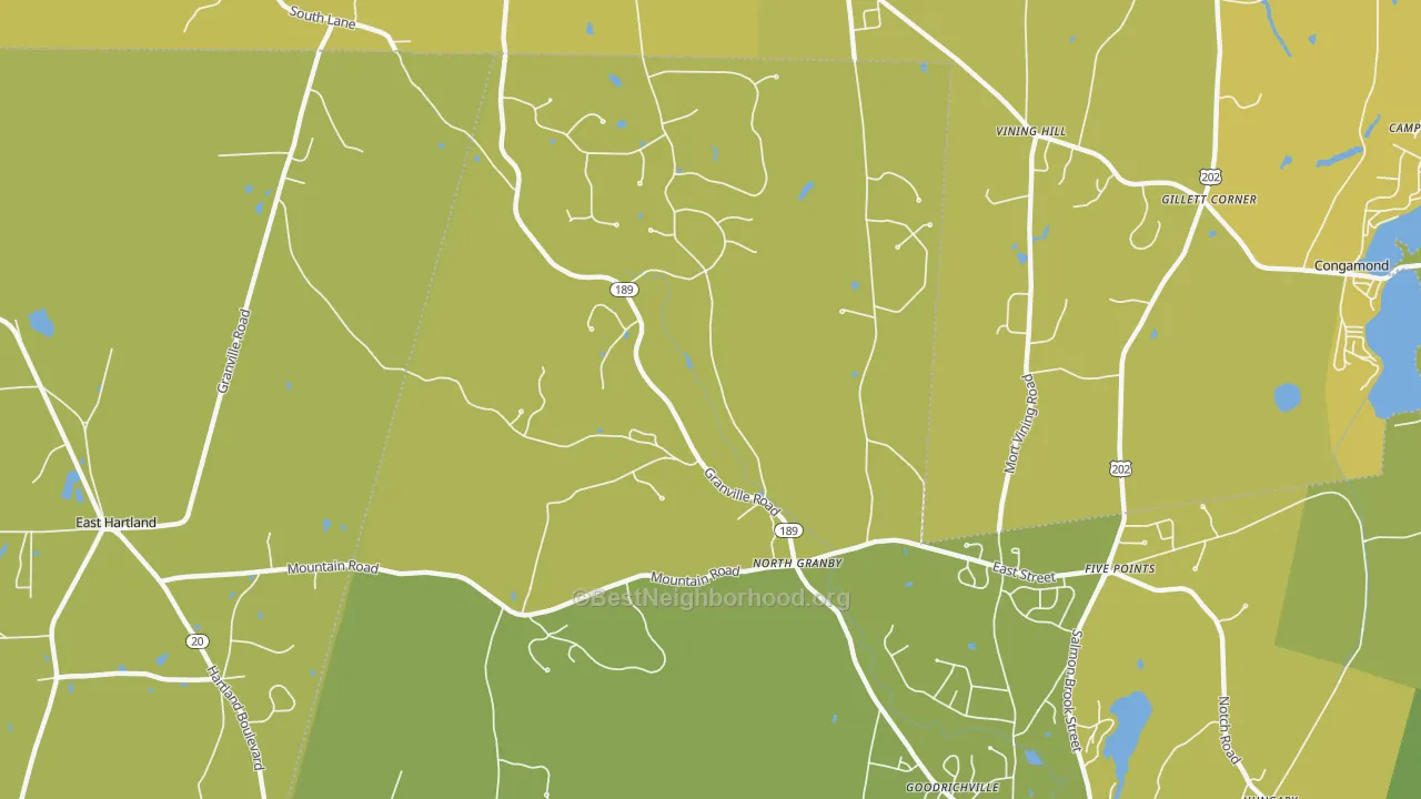 Map of the best neighborhoods in the North Granby area, with better matches in green and worse matches in red