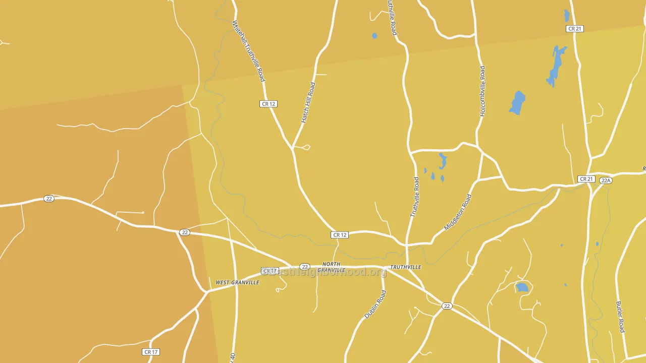 Map of the best neighborhoods in the North Granville area, with better matches in green and worse matches in red