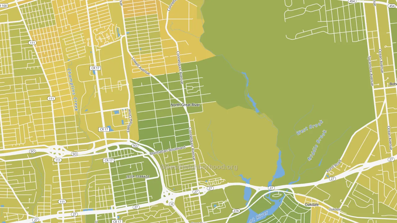 Map of the best neighborhoods in the North Great River area, with better matches in green and worse matches in red