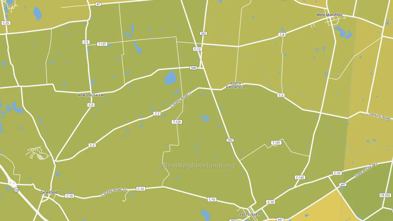 Map of the best neighborhoods in the North Greenfield area, with better matches in green and worse matches in red