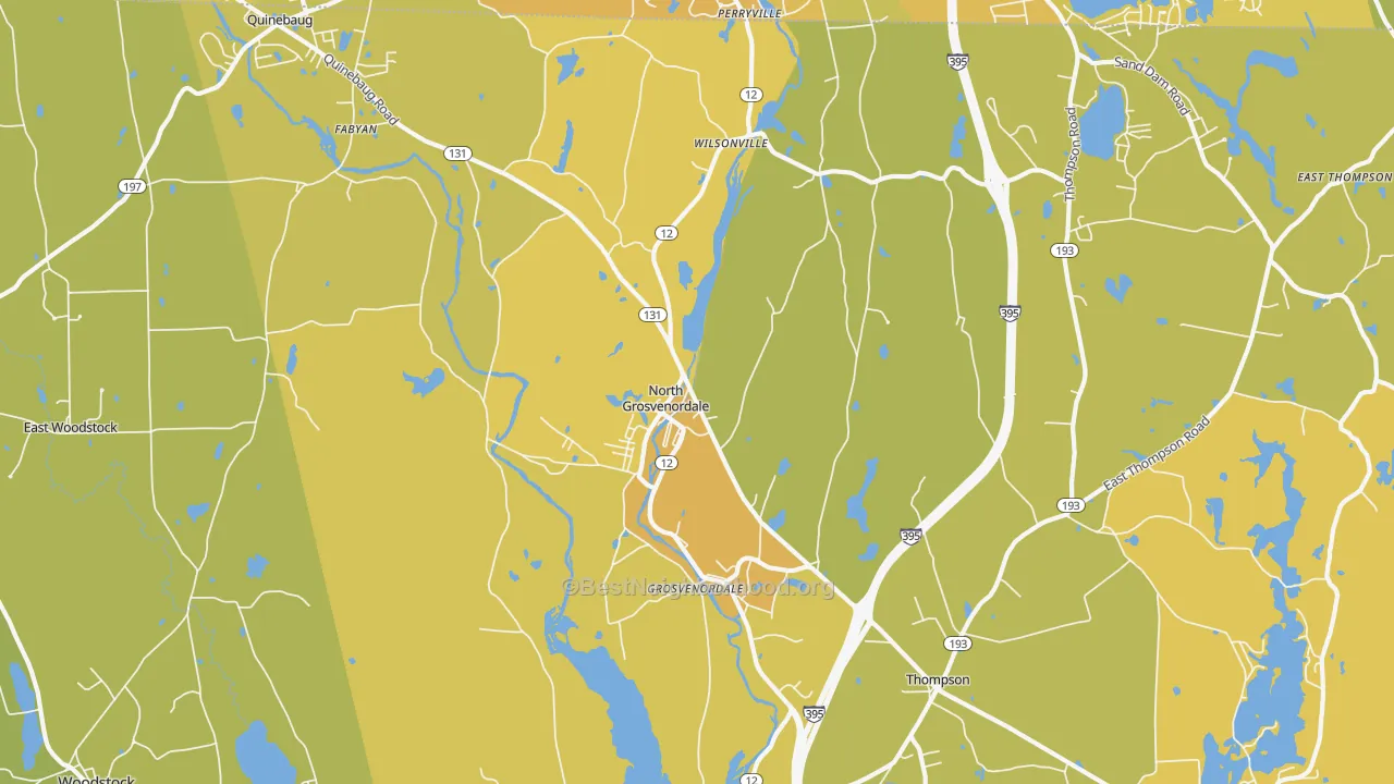 Map of the best neighborhoods in the North Grosvenordale area, with better matches in green and worse matches in red