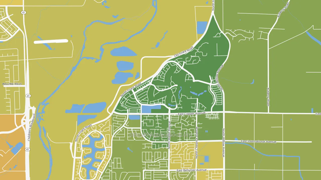 Map of the best neighborhoods in the North Growth Area, Fresno area, with better matches in green and worse matches in red