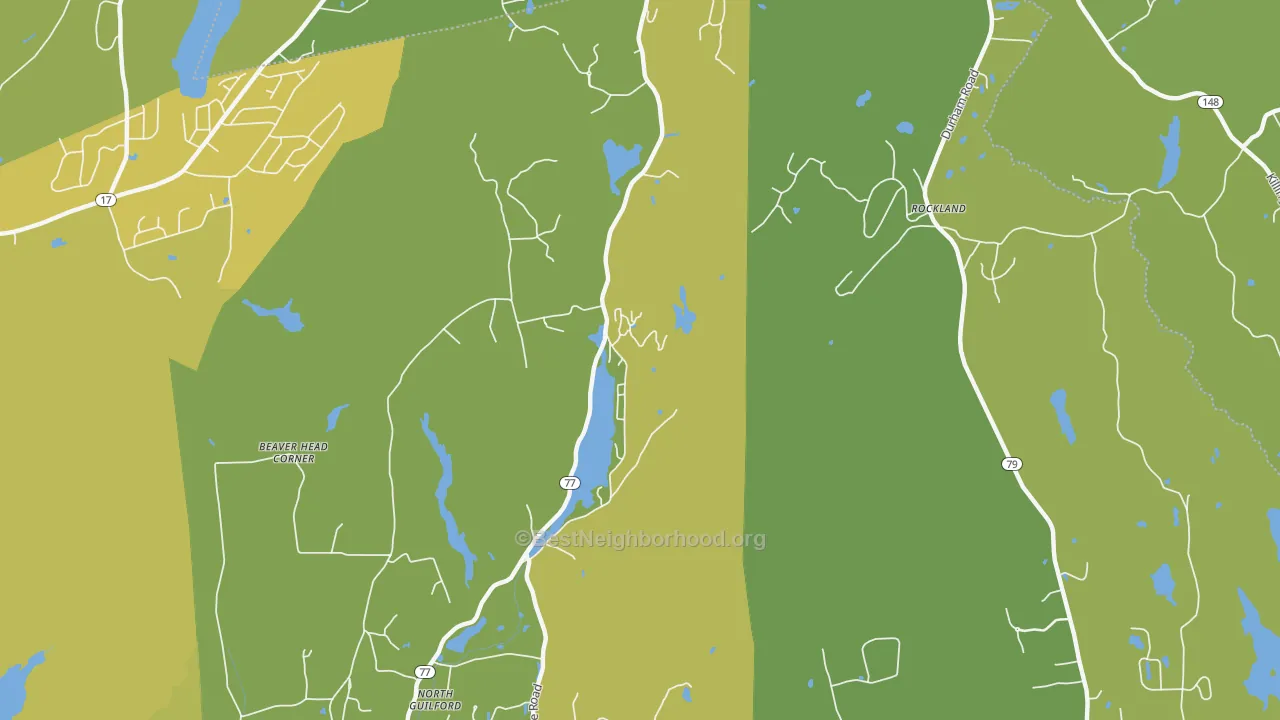 Map of the best neighborhoods in the North Guilford area, with better matches in green and worse matches in red