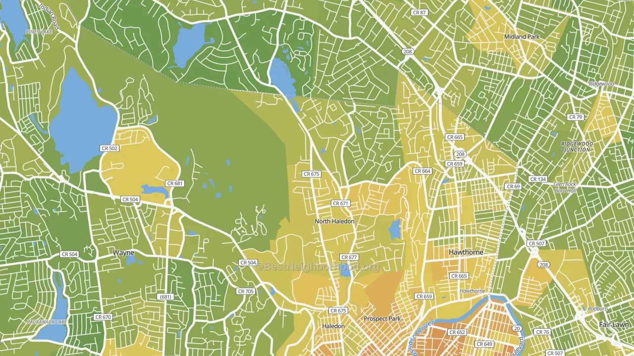 Map of the best neighborhoods in the North Haledon area, with better matches in green and worse matches in red