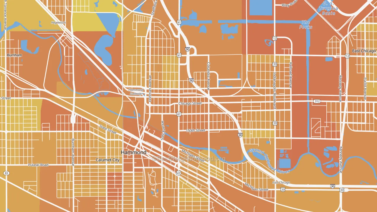 Map of the best neighborhoods in the North Hammond, Hammond area, with better matches in green and worse matches in red