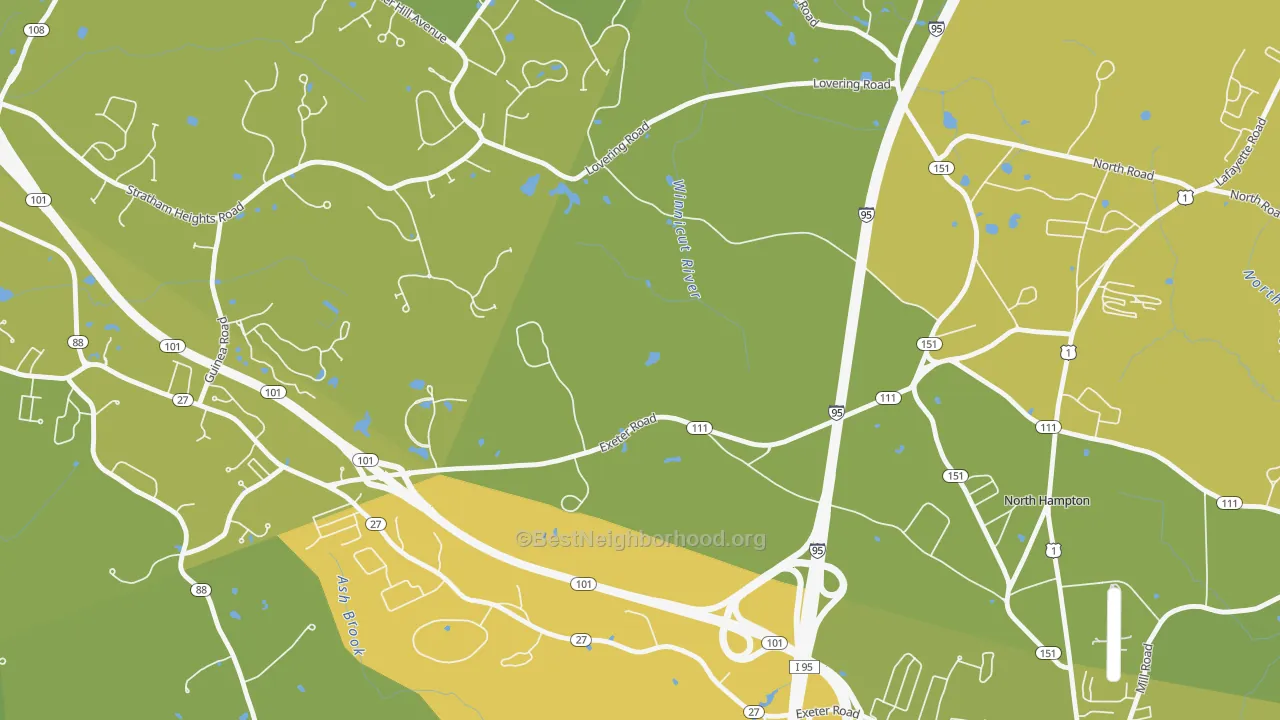 Map of the best neighborhoods in the North Hampton Center area, with better matches in green and worse matches in red