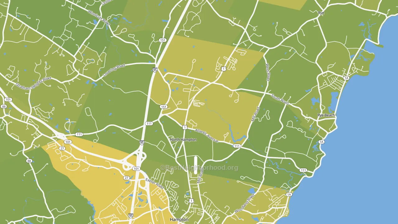Map of the best neighborhoods in the North Hampton area, with better matches in green and worse matches in red