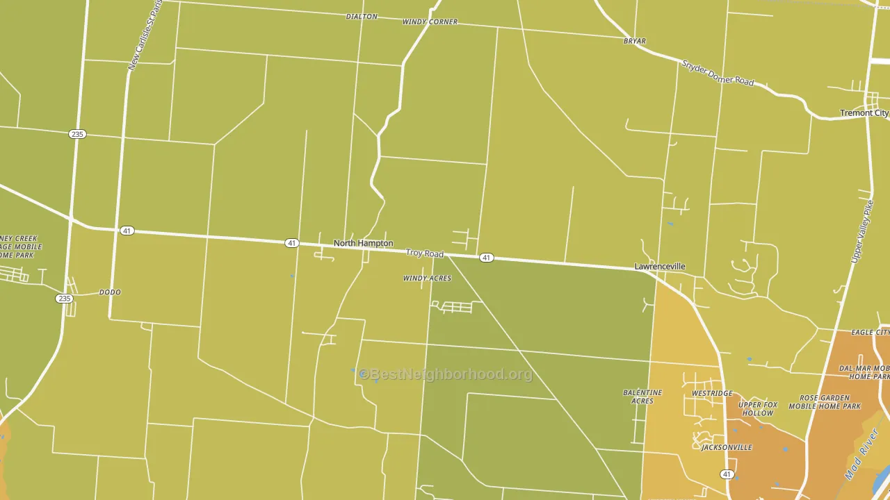 Map of the best neighborhoods in the North Hampton area, with better matches in green and worse matches in red