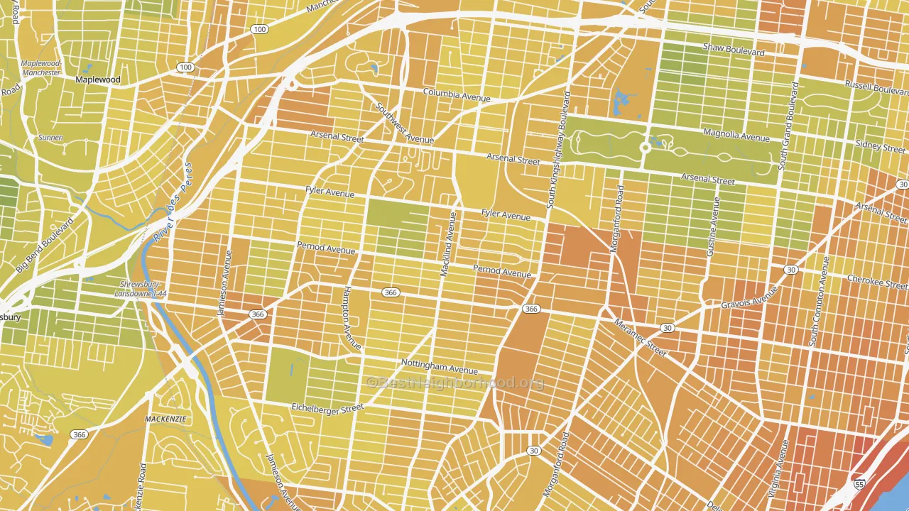 Map of the best neighborhoods in the North Hampton, St. Louis area, with better matches in green and worse matches in red
