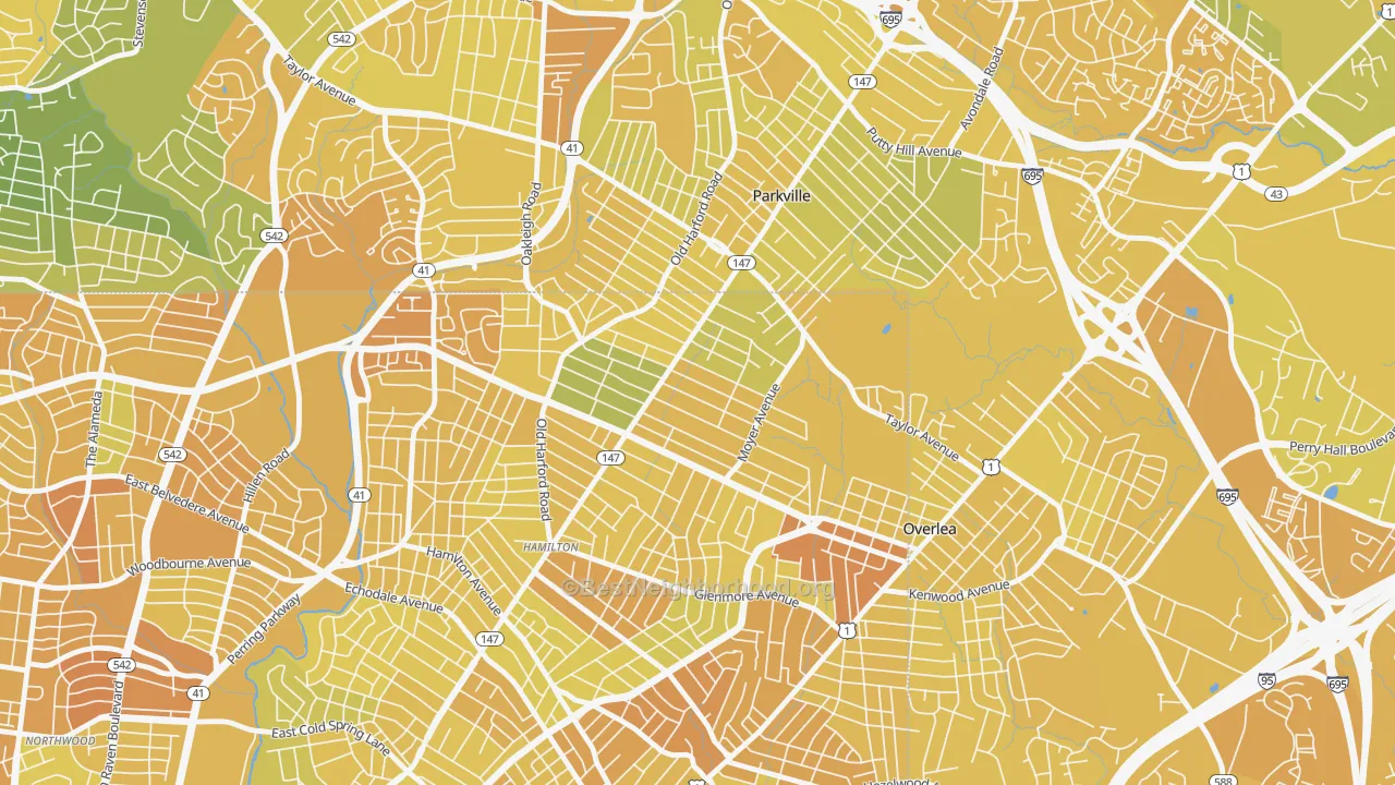 Map of the best neighborhoods in the North Harford Road, Baltimore area, with better matches in green and worse matches in red