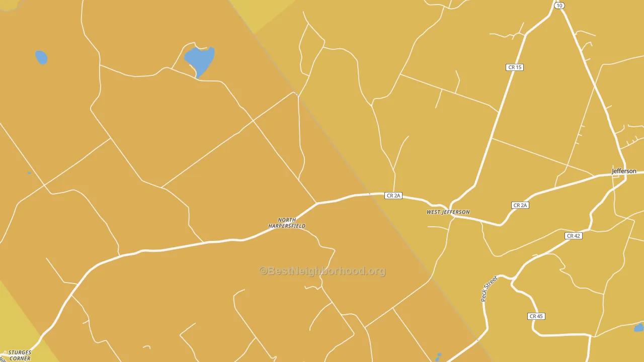 Map of the best neighborhoods in the North Harpersfield area, with better matches in green and worse matches in red