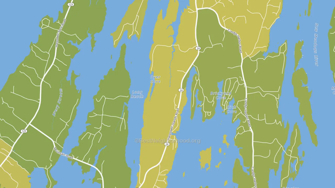 Map of the best neighborhoods in the North Harpswell area, with better matches in green and worse matches in red