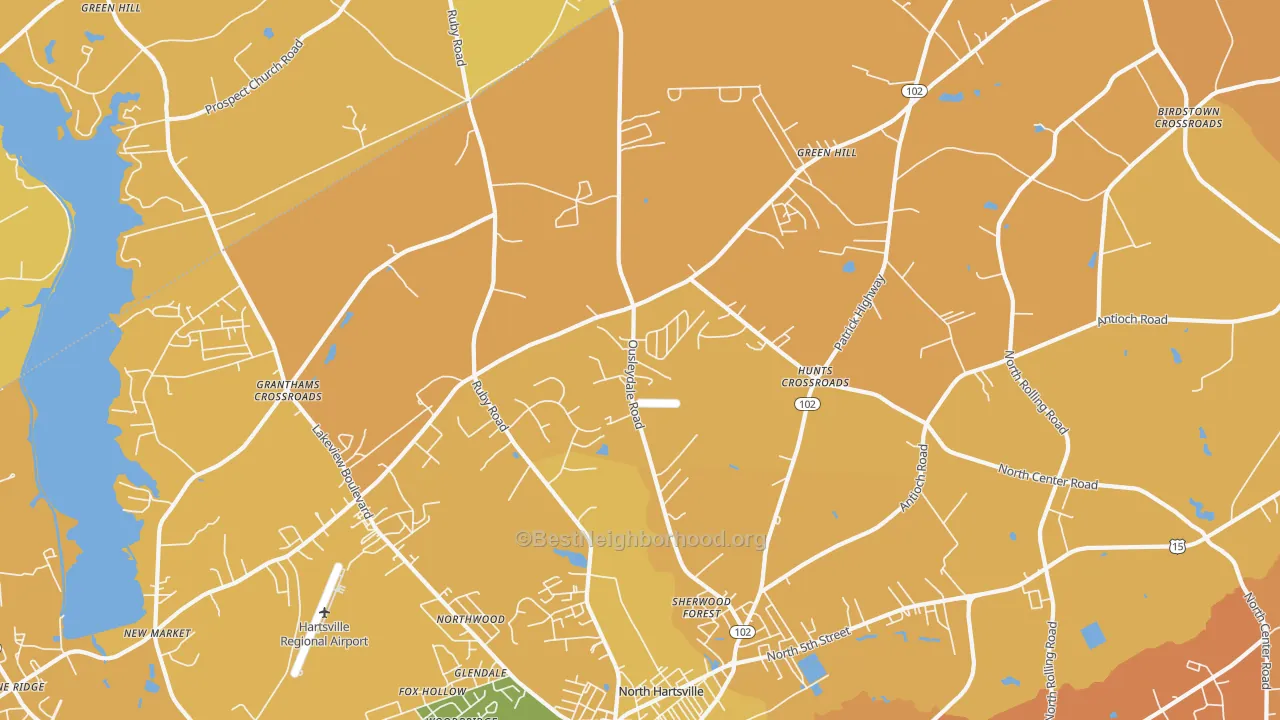 Map of the best neighborhoods in the North Hartsville area, with better matches in green and worse matches in red