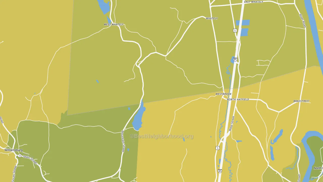 Map of the best neighborhoods in the North Hatfield area, with better matches in green and worse matches in red