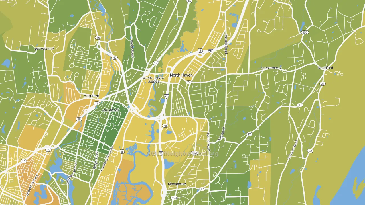 Map of the best neighborhoods in the North Haven area, with better matches in green and worse matches in red