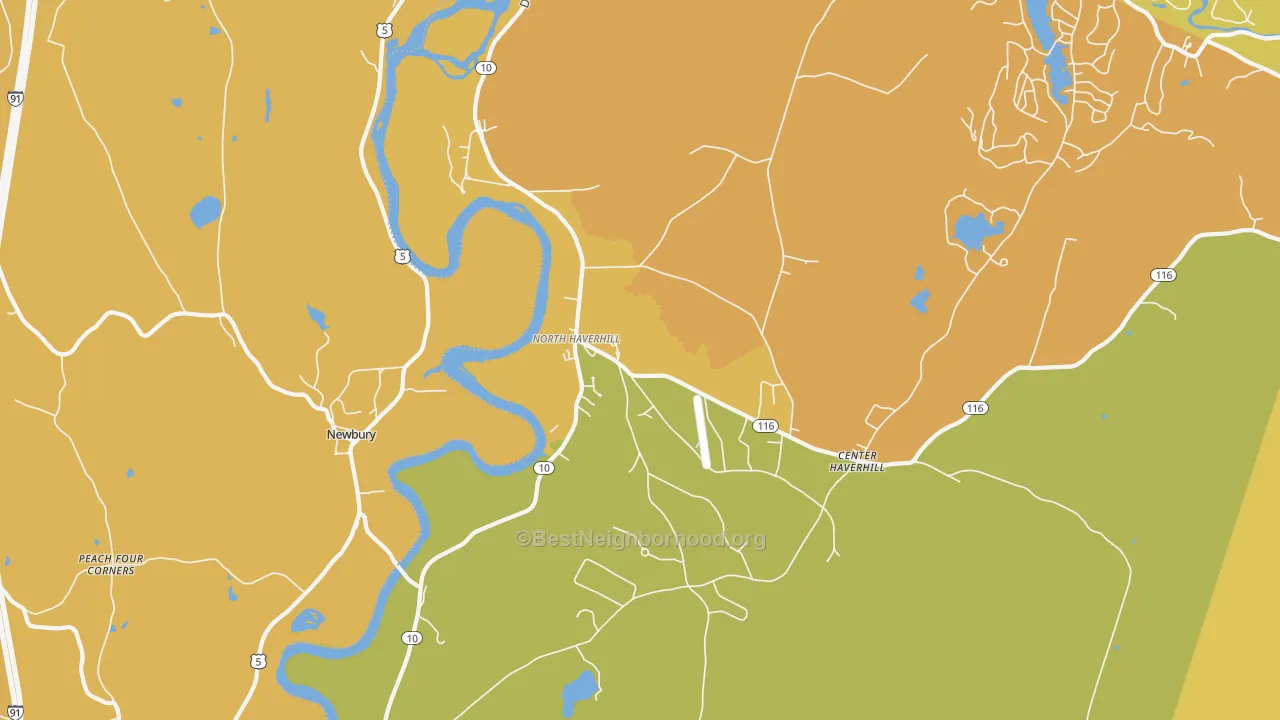 Map of the best neighborhoods in the North Haverhill area, with better matches in green and worse matches in red