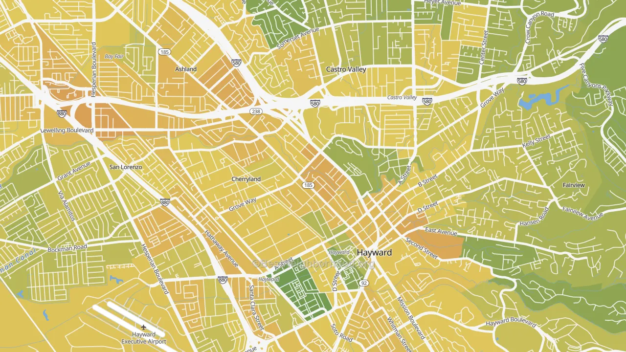 Map of the best neighborhoods in the North Hayward, Hayward area, with better matches in green and worse matches in red