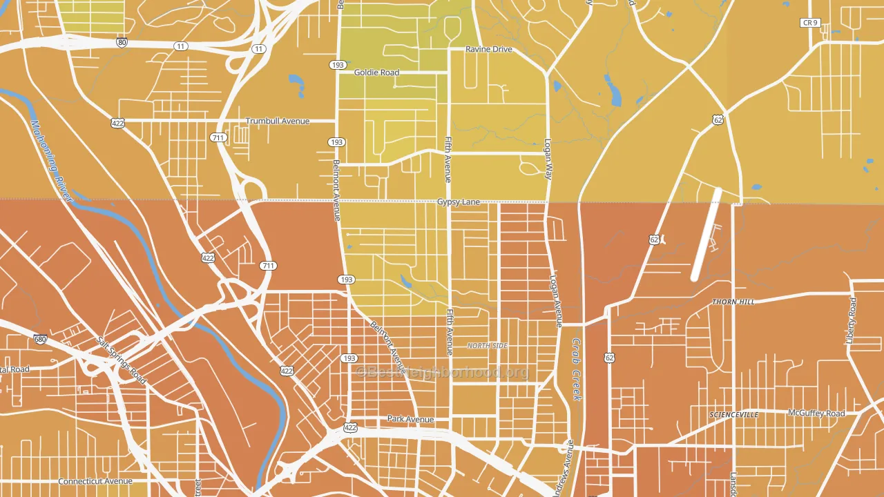 Map of the best neighborhoods in the North Heights, Youngstown area, with better matches in green and worse matches in red