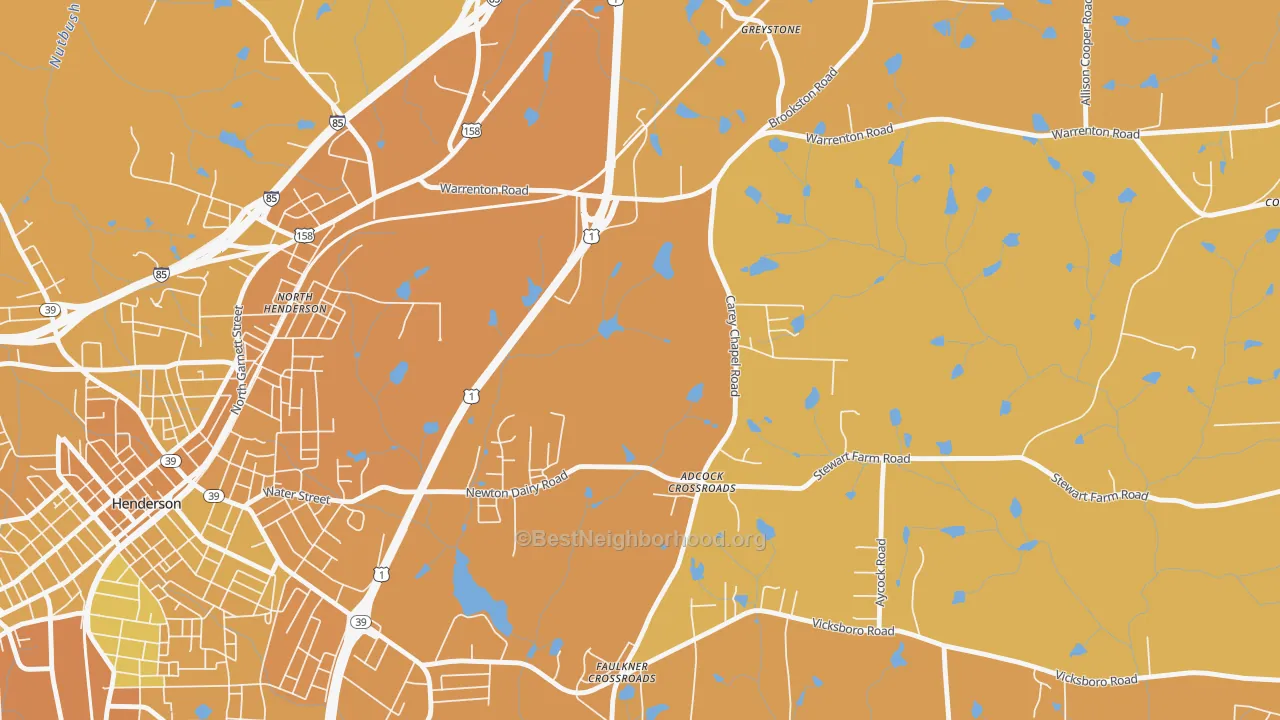 Map of the best neighborhoods in the North Henderson area, with better matches in green and worse matches in red