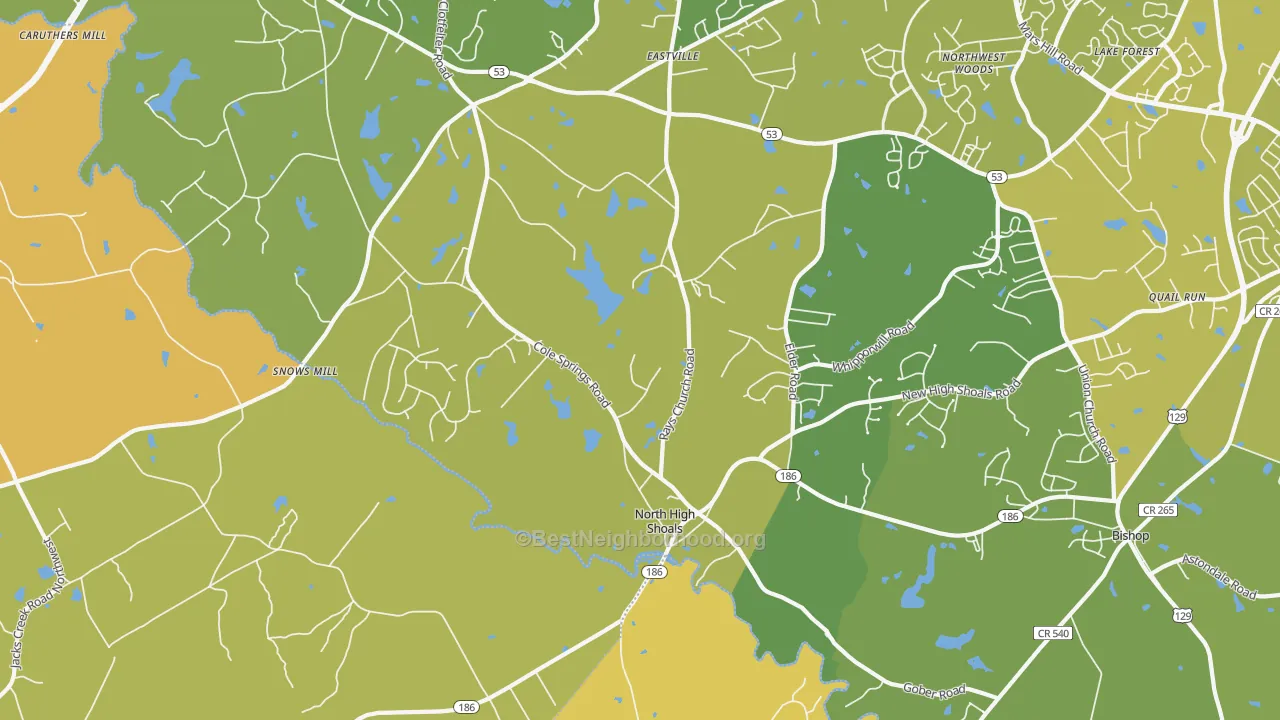 Map of the best neighborhoods in the North High Shoals area, with better matches in green and worse matches in red