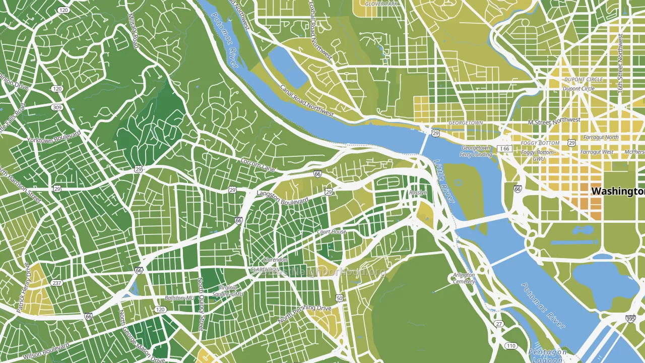 Map of the best neighborhoods in the North Highland, Arlington area, with better matches in green and worse matches in red