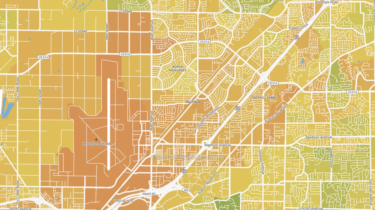 Map of the best neighborhoods in the North Highlands area, with better matches in green and worse matches in red