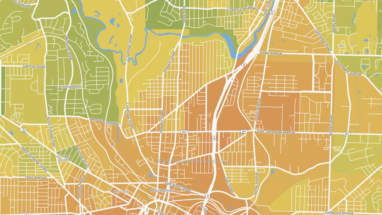 Map of the best neighborhoods in the North Hill, Akron area, with better matches in green and worse matches in red