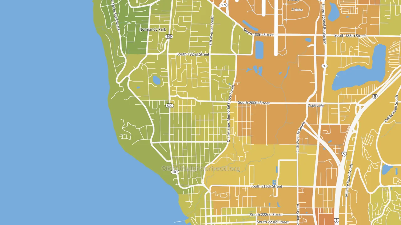 Map of the best neighborhoods in the North Hill, Des Moines area, with better matches in green and worse matches in red