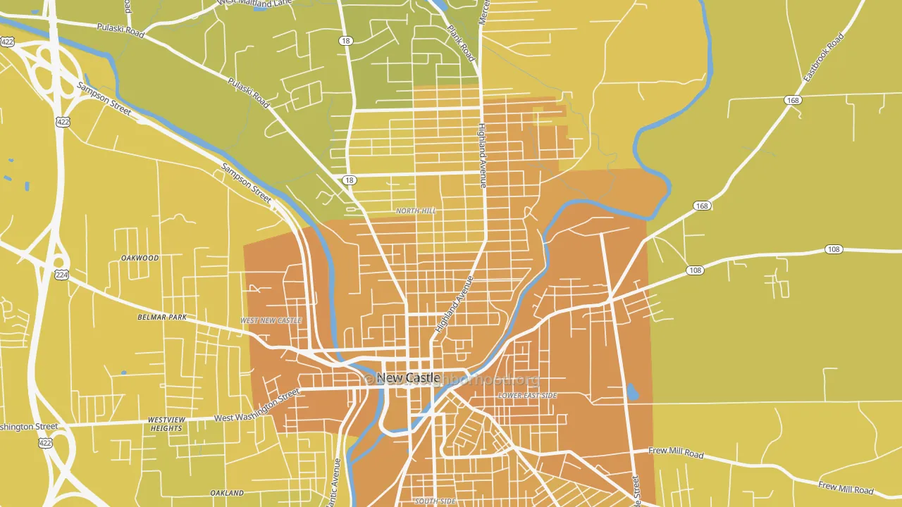 Map of the best neighborhoods in the North Hill Historic District, New Castle area, with better matches in green and worse matches in red