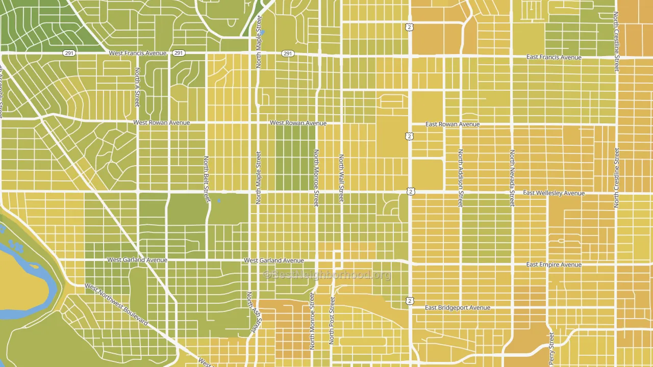 Map of the best neighborhoods in the North Hill, Spokane area, with better matches in green and worse matches in red