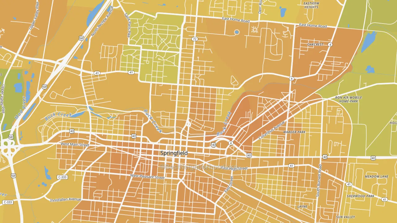 Map of the best neighborhoods in the North Hill, Springfield area, with better matches in green and worse matches in red