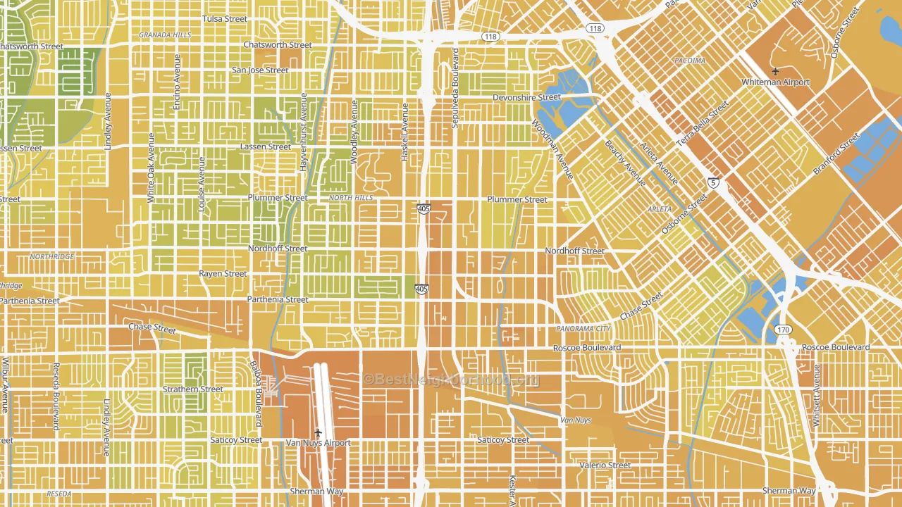 Map of the best neighborhoods in the North Hills area, with better matches in green and worse matches in red