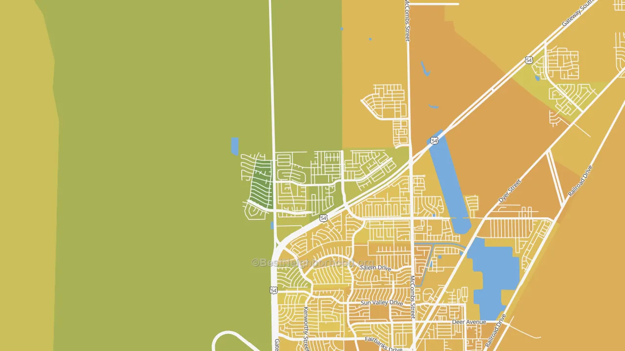 Map of the best neighborhoods in the North Hills, El Paso area, with better matches in green and worse matches in red