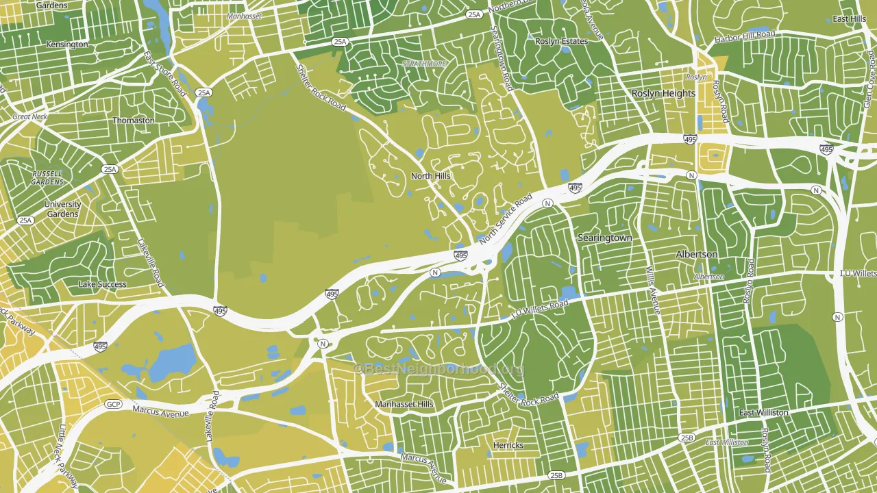 Map of the best neighborhoods in the North Hills area, with better matches in green and worse matches in red