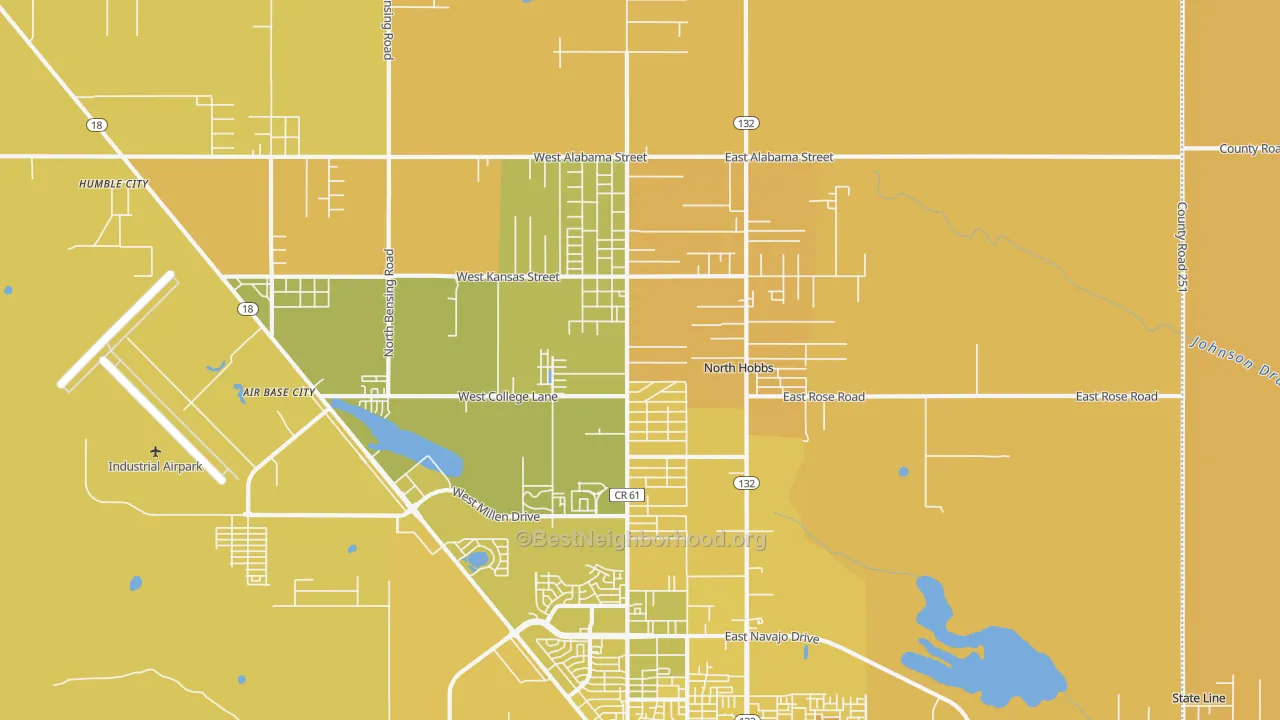 Map of the best neighborhoods in the North Hobbs area, with better matches in green and worse matches in red