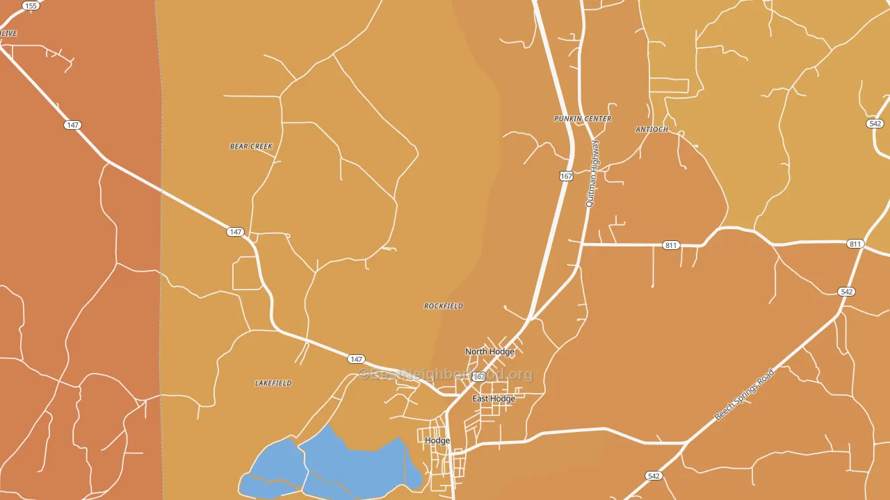 Map of the best neighborhoods in the North Hodge area, with better matches in green and worse matches in red